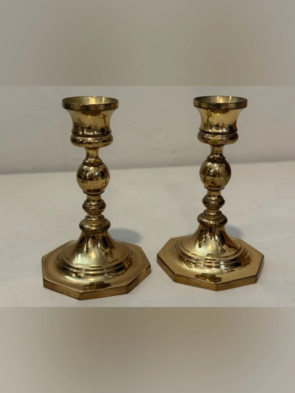 Vintage Octagon Base Pair Of Candlesticks  Polished Brass‎ 5” tall 3